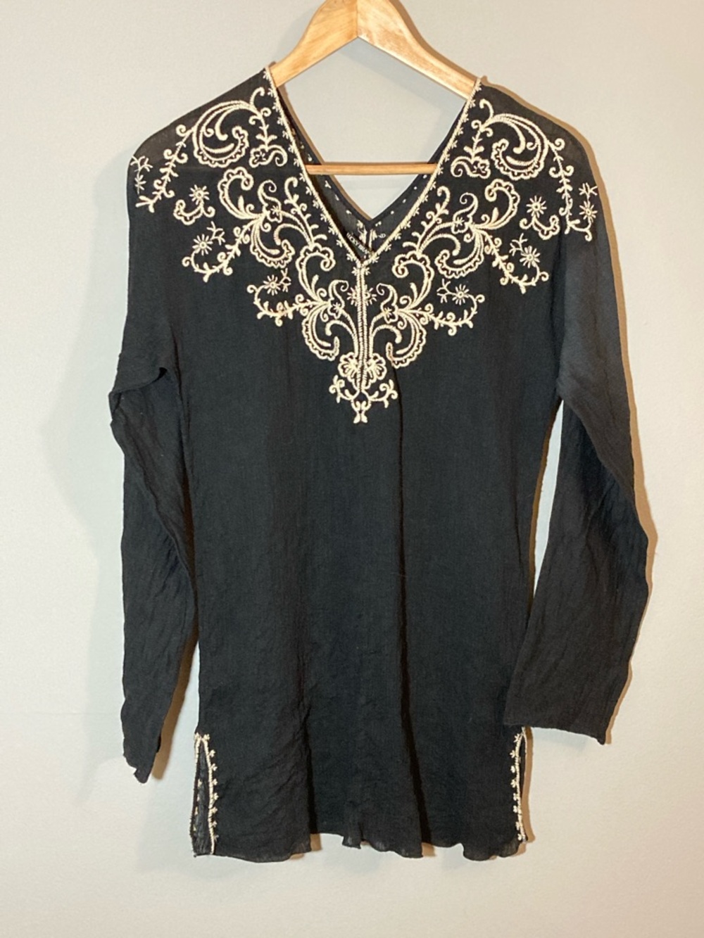 Lucky Brand Black Tunic with Cream Embroidered Yoke